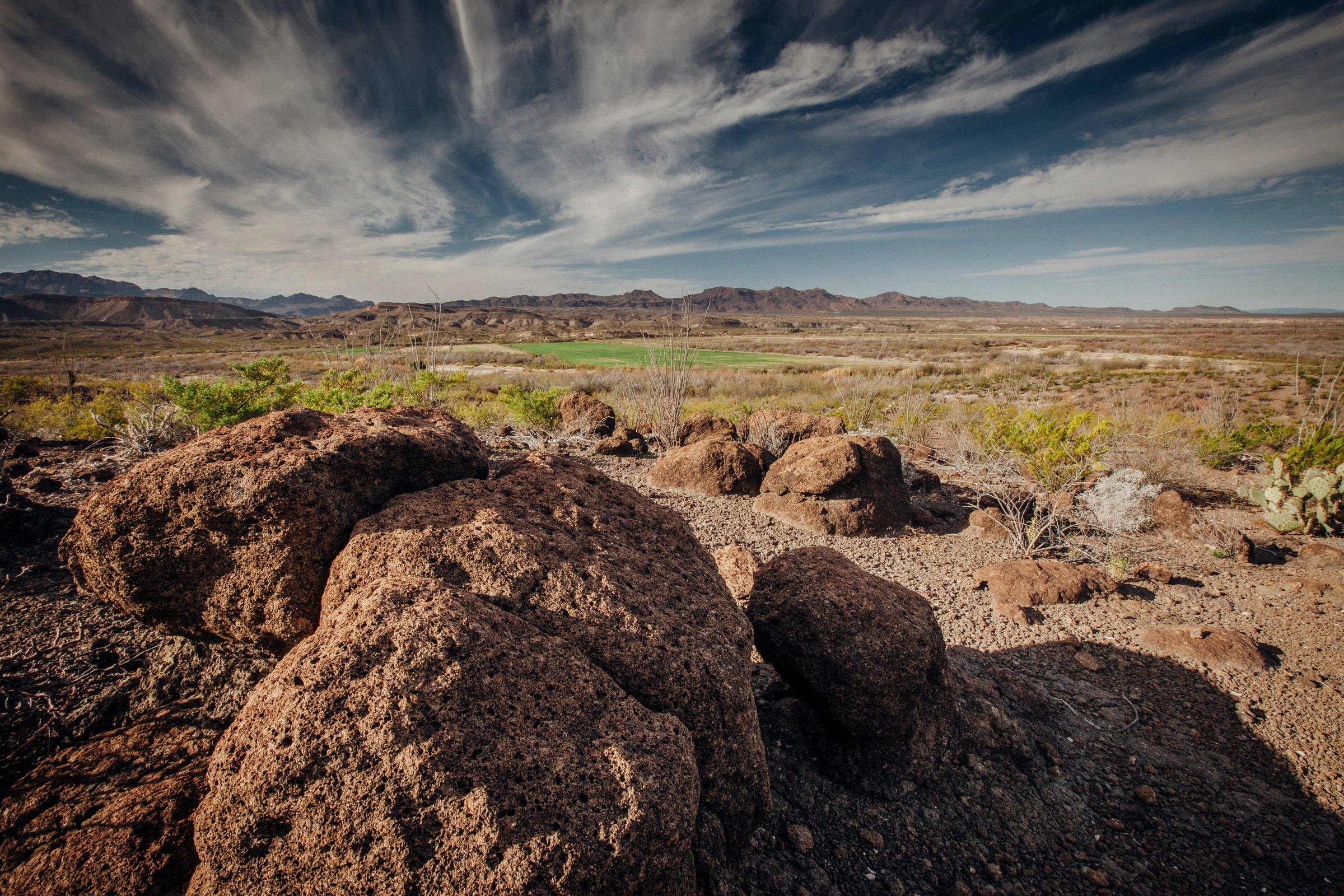 Un coin de verdure marque une étendue d'agriculture dans un paysage par ailleurs aride non loin des altitudes du Rio Grande, au Texas. Les pratiques agricoles intensives en eau ont poussé la rivière vers un point de basculement.