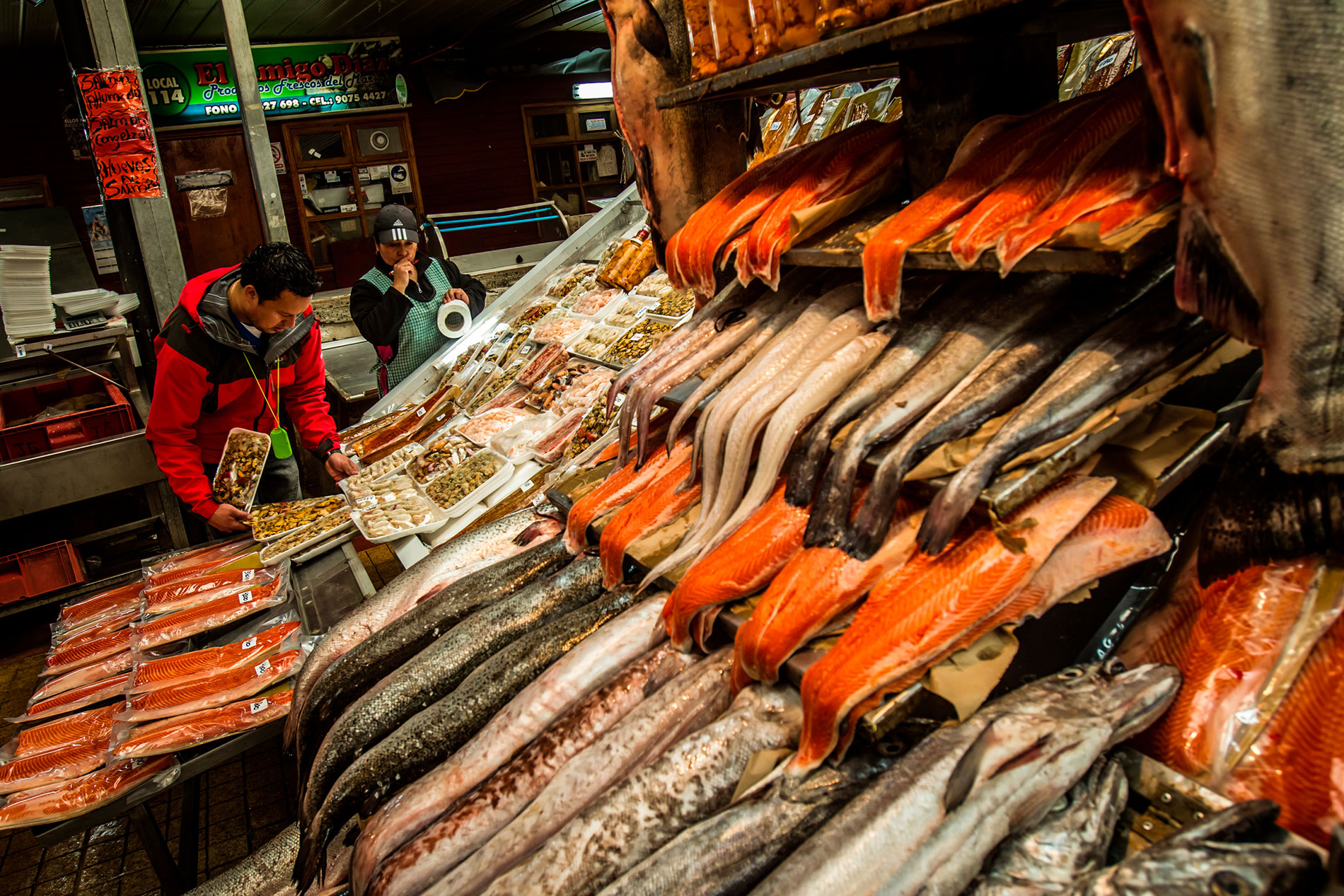 Etal de saumon sur le marché à Puerto Montt, dans le Sud du Chili