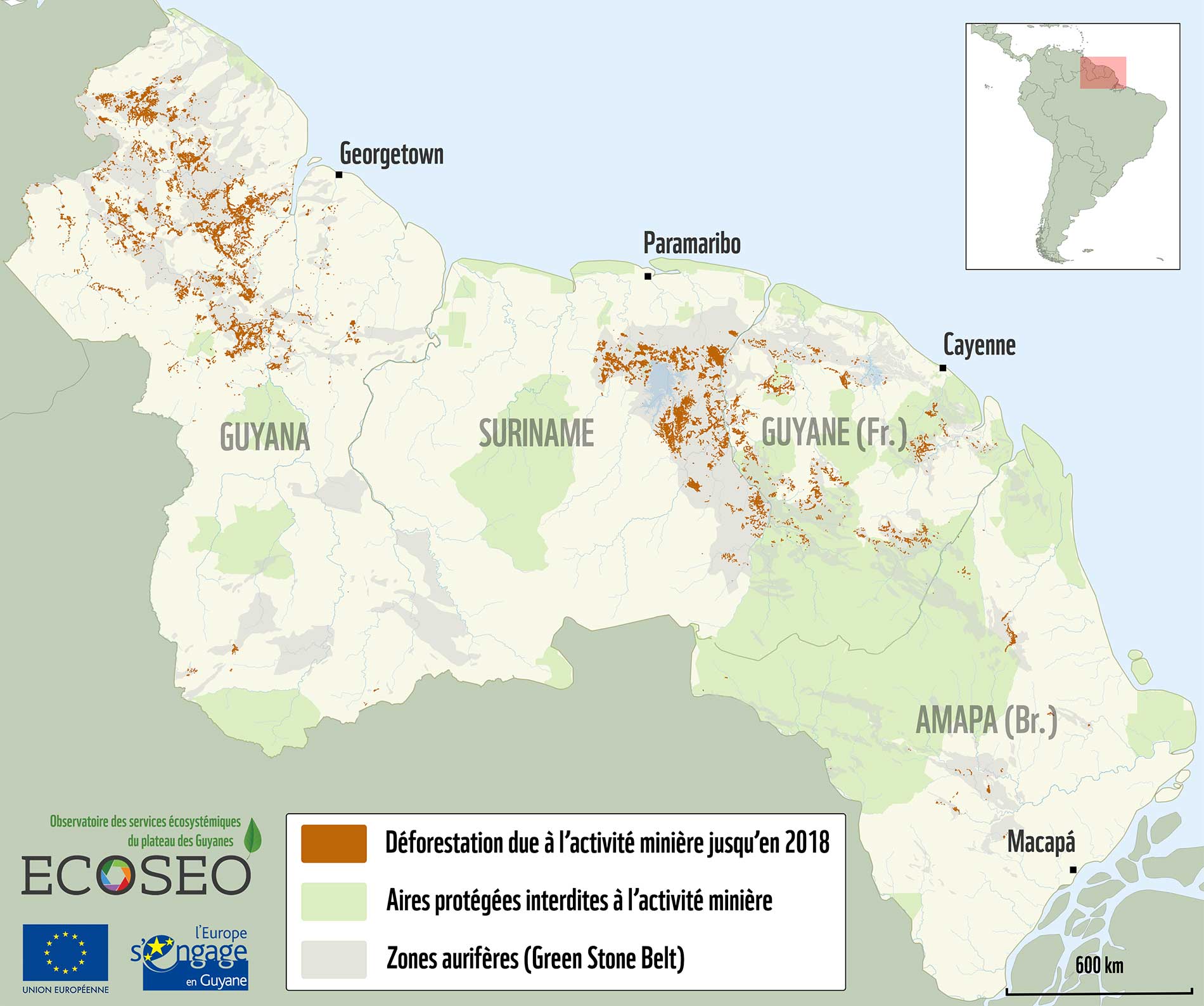 Carte de la déforestation due à l’activité minière sur le Plateau des Guyanes, jusqu’en 2018