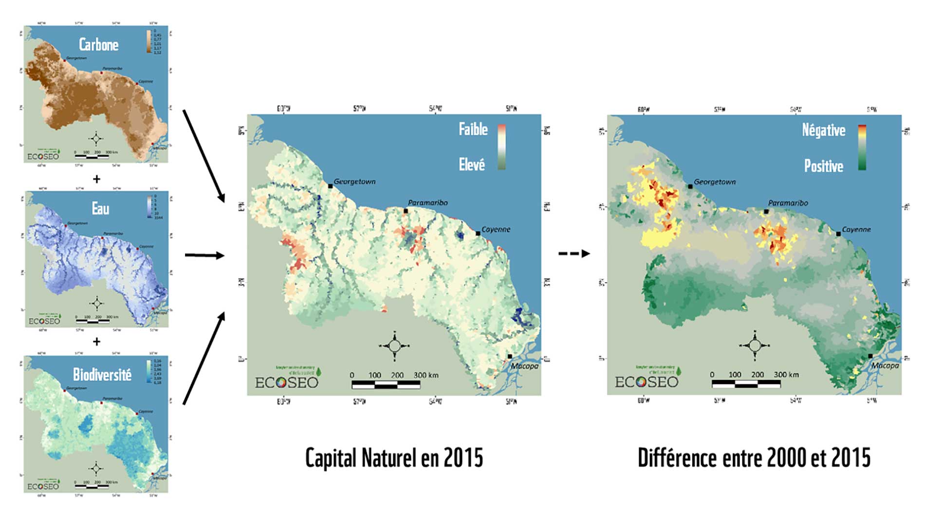 Principe simplifié du calcul du Capital Naturel entre 2000 et 2015 sur le Plateau des Guyanes