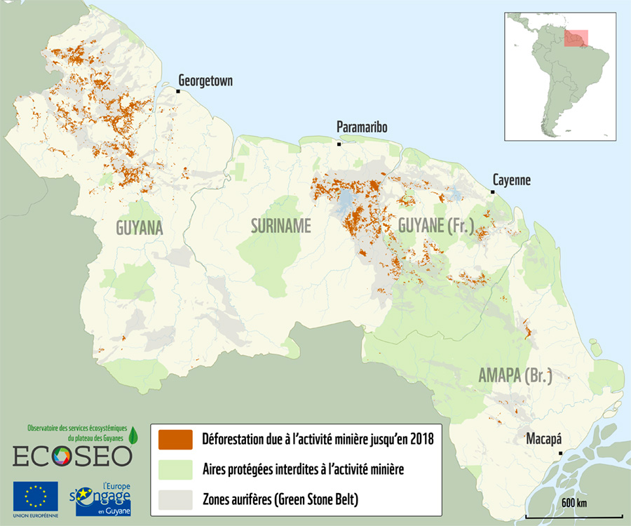 Carte Orpaillage Plateau des Guyanes