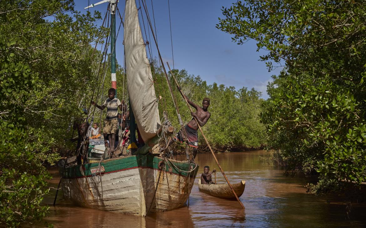 Un bateau de pêche navigue autour des mangroves dans le delta du Manambolo (Madagascar)