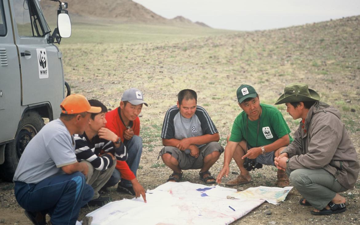 Equipe du WWF étudiant la répartition des antilopes saïga (Saiga tatarica) à Khusiin Tal. Région de l'Altaï-Sayan, Mongolie.