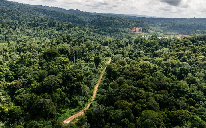 Vue aérienne de la piste d'atterrissage Paul Isnard près du camp "Montagne d'Or", premier projet d'exploitation aurifère industriel de la société internationale Nordgold (Guyane française)