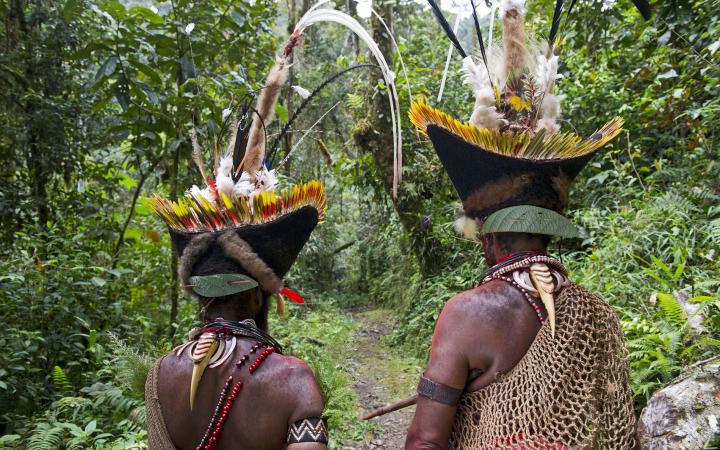 Hommes Huli utilisant des becs de Calao comme collier