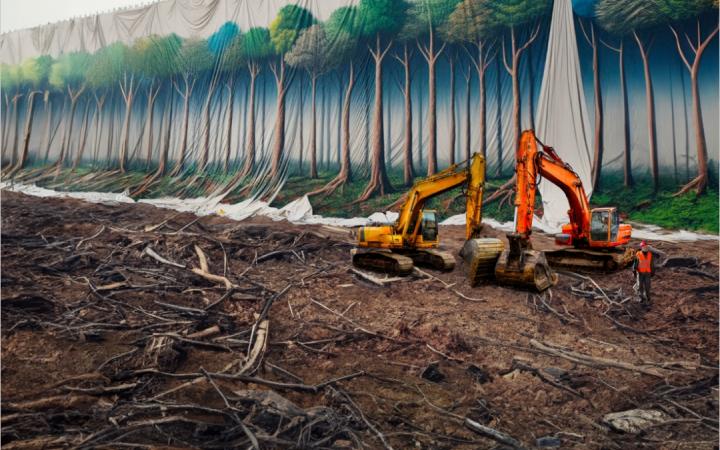 Image en IA : forêt peinte sur une bâche en trompe l'œil