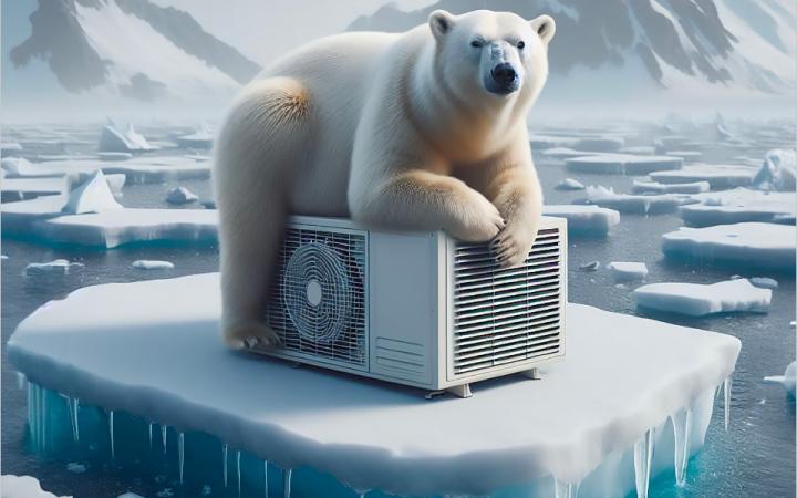 Un ours polaire sur un climatiseur (Ursus maritimus), tourne sa tête vers la caméra.