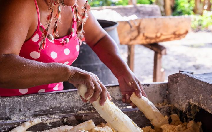 Irenilse Batista Sousa, cheffe du village d'Aldeia Vista Alegre do Capixauã à Santarém, Pará au Brésil, met le manioc cru et pelé à broyer dans la minoterie