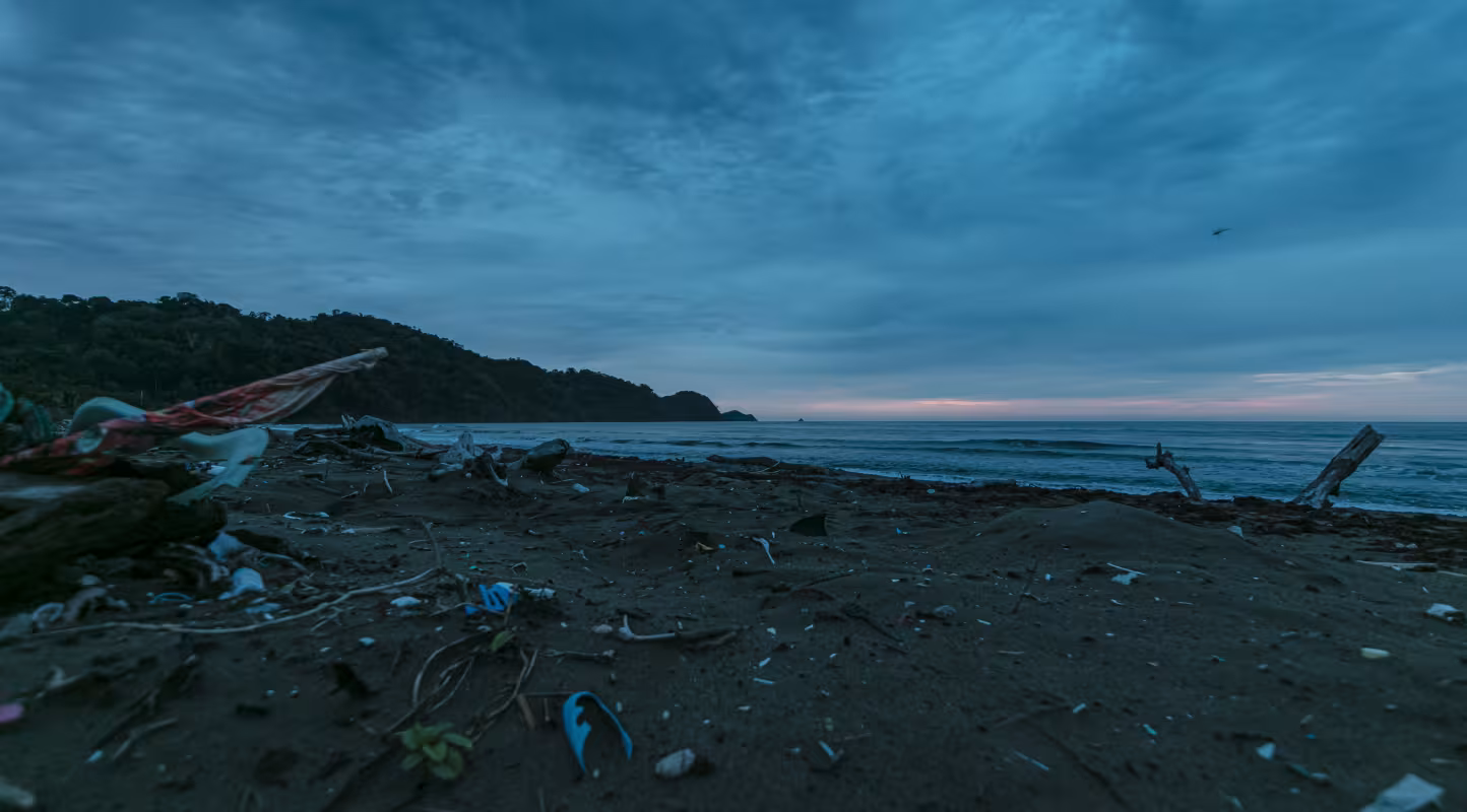 Coucher de soleil sur une plage envahie de déchets