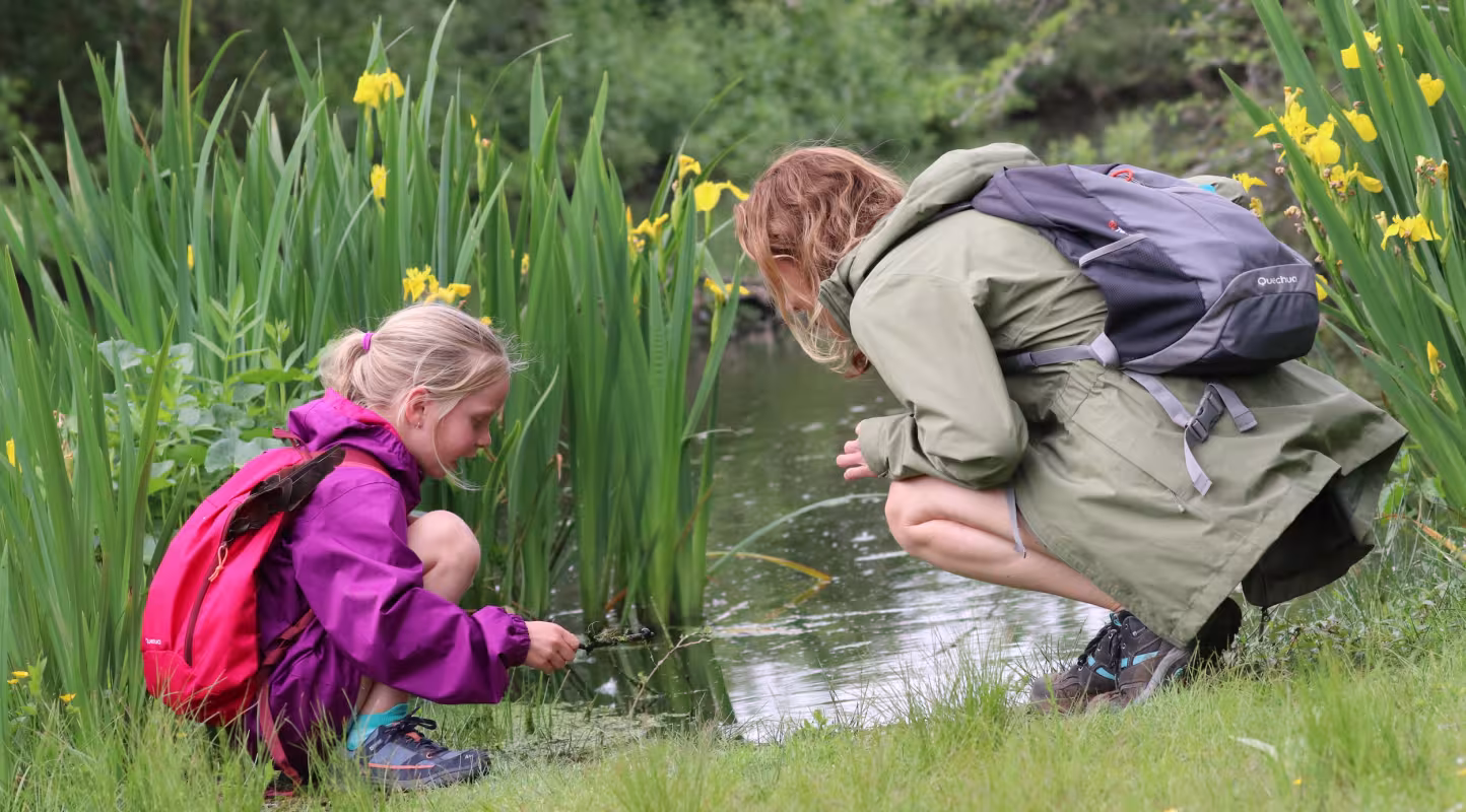 Femme et enfant dans la nature néerlandaise, près d'une petite rivière, à la recherche de petits animaux.