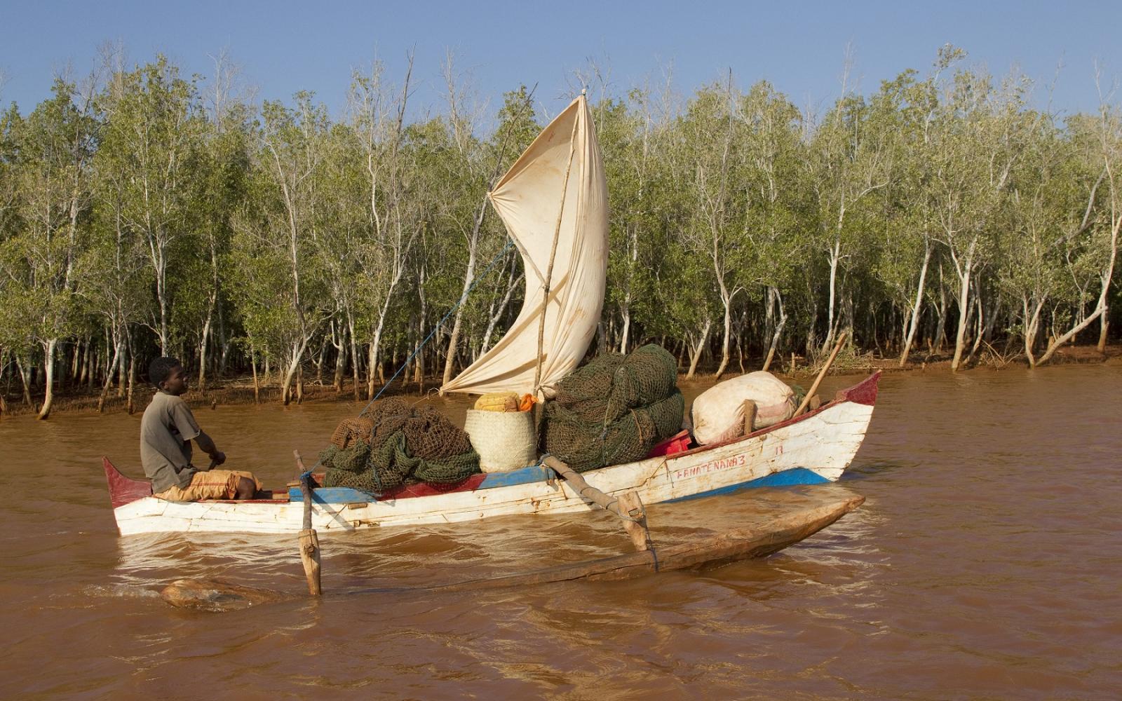 Bateau de pêcheur le long de la mangrove malgache