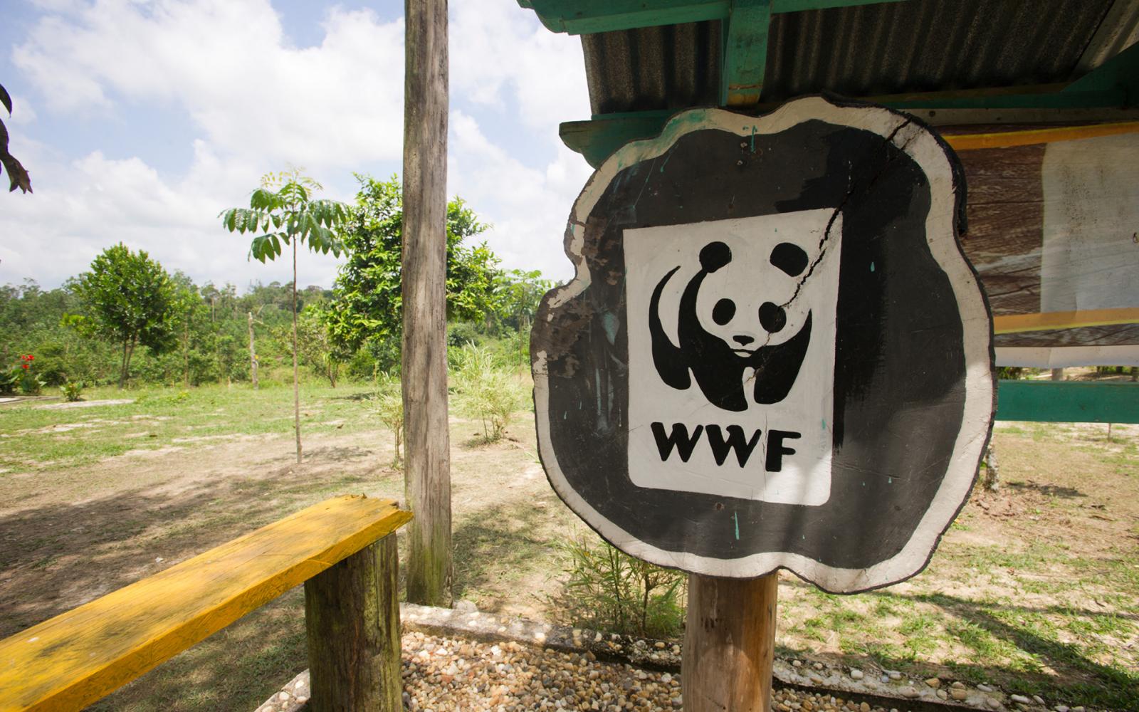 Panneau avec logo WWF, Parc national de Tesso Nilo (Indonésie)