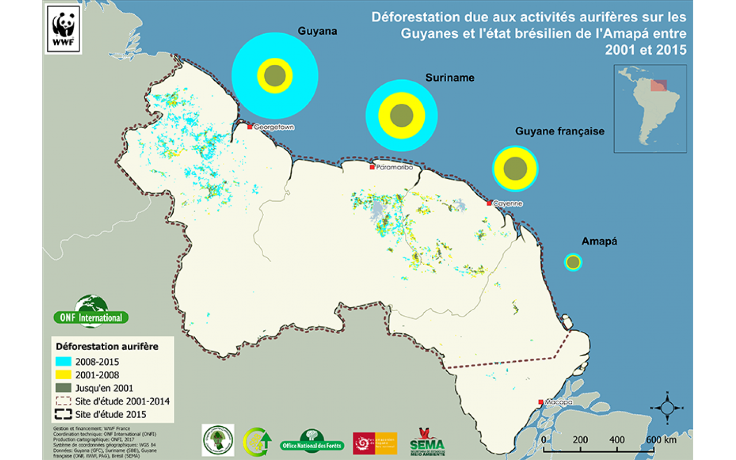 Carte déforestation due à l'exploitation aurifère sur le plateau des Guyanes