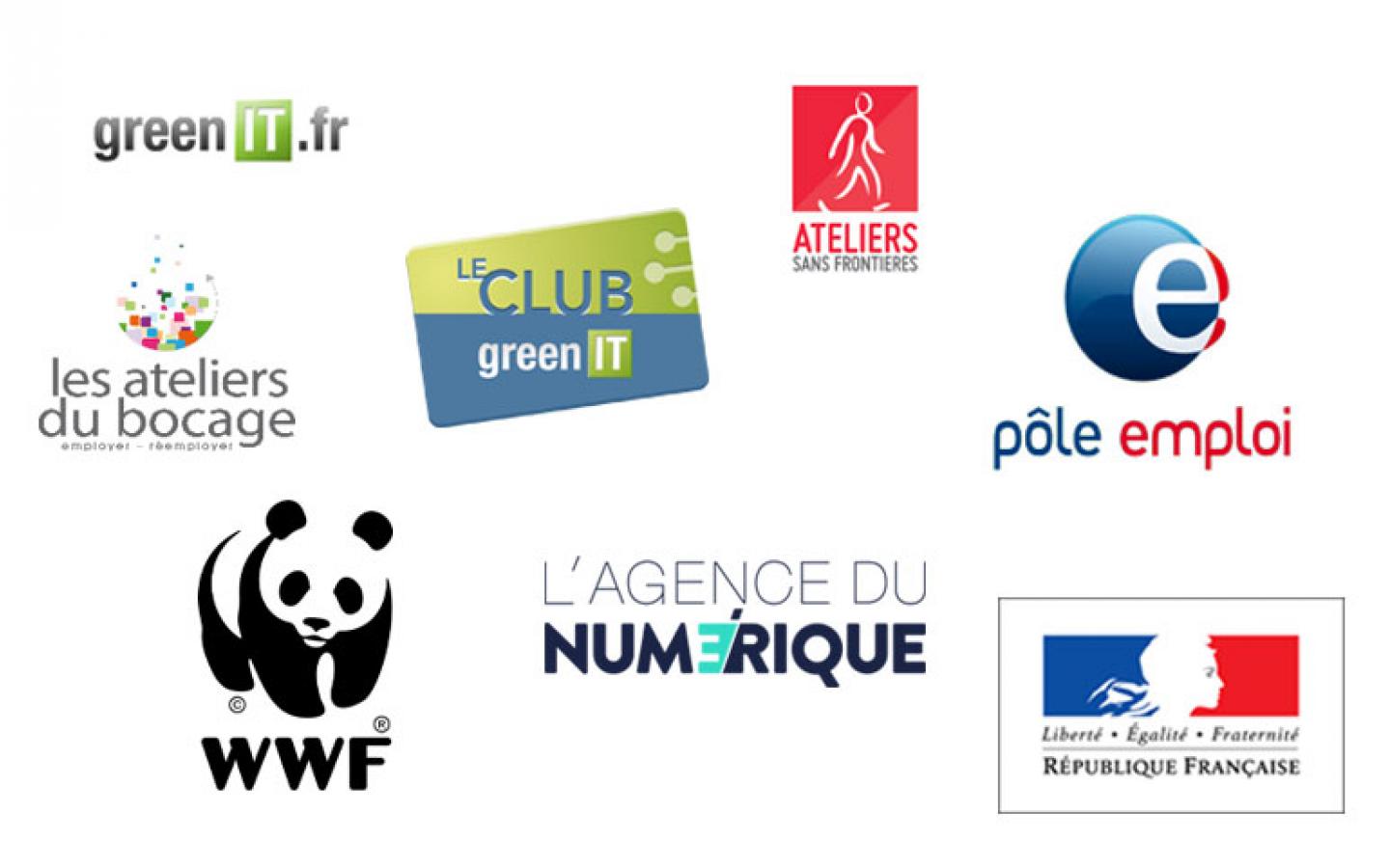 Logos des partenaires de l'opération REEboot : Pôle emploi et l’Agence du Numérique en partenariat avec le WWF France, les Ateliers du Bocage, Ateliers Sans Frontières, et Green IT