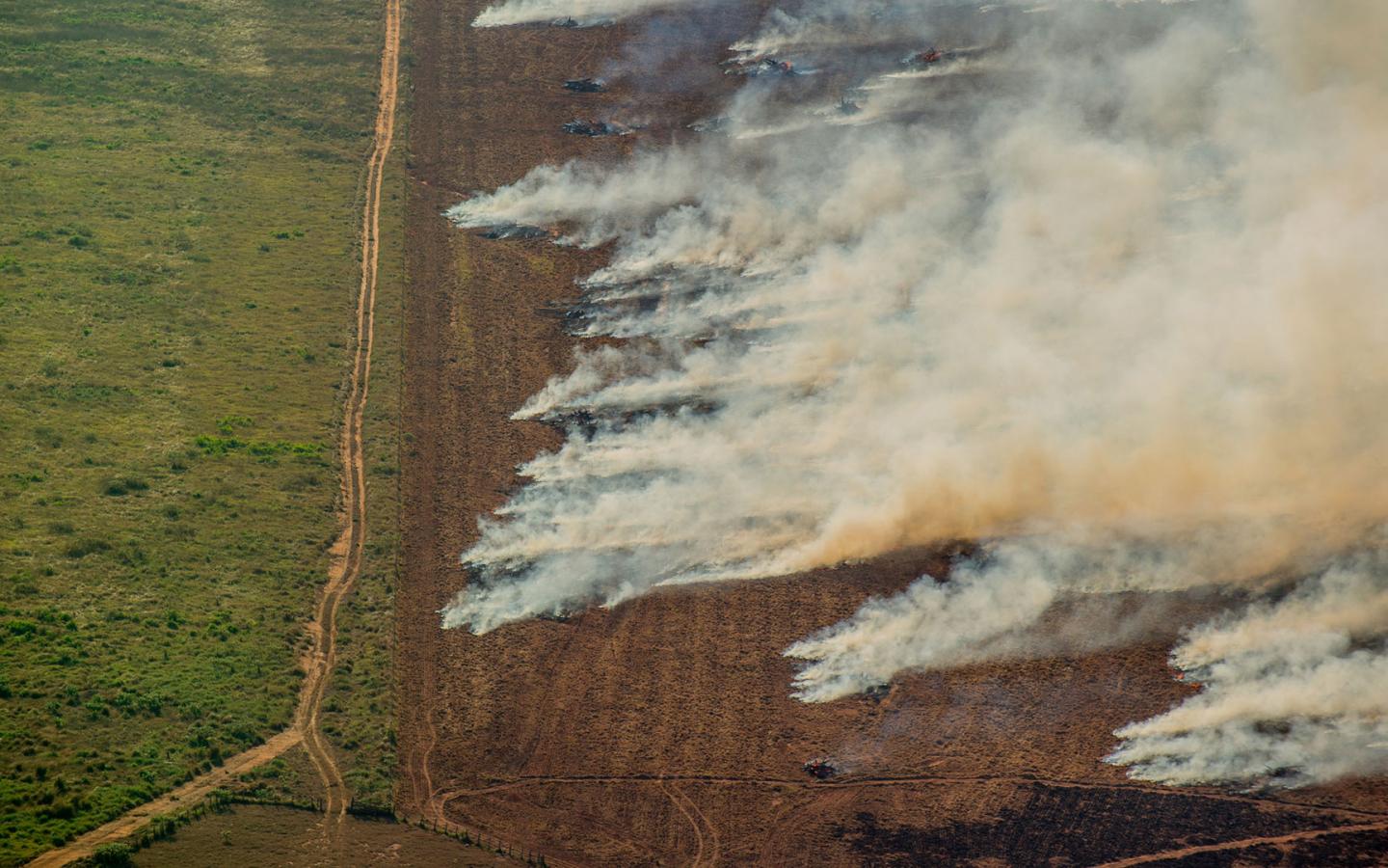 Feux près d'une zone déforestée vers Prodes (Projet de surveillance satellite de la forêt Amazonienne au Brésil de Greenpeace), à Nova Maringá, état du Mato Grosso, Brésil.