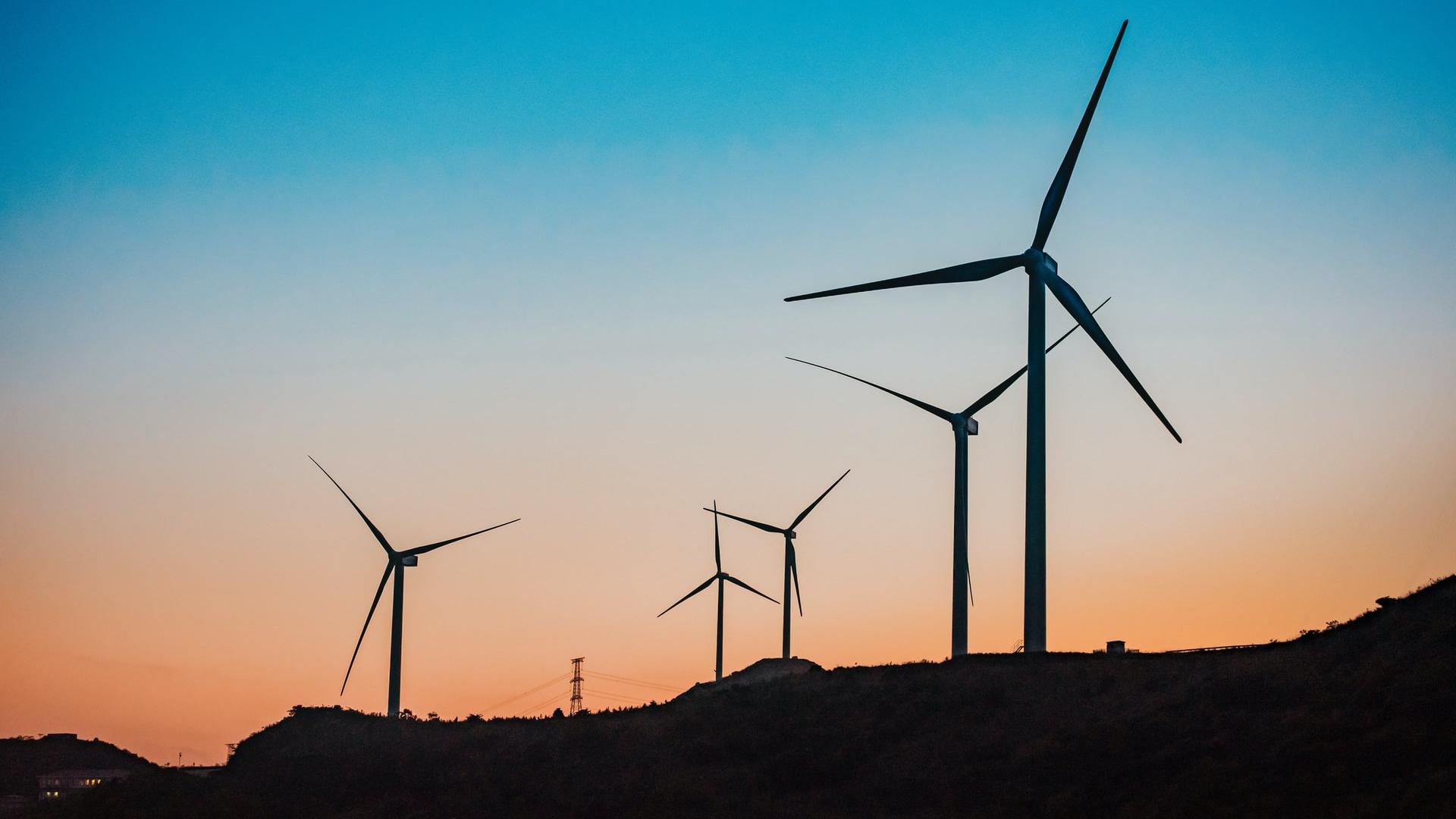 Champ d'éoliennes au coucher de soleil