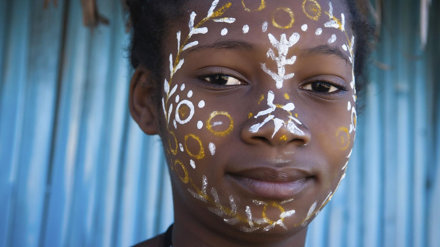 Portrait de jeune femme maquillée avec du masonjoany (Madagascar)