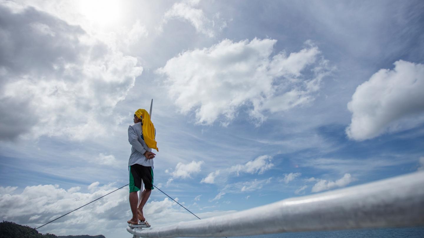 Homme sur un mât cherchant des requins-baleines, Donsol, Philippines