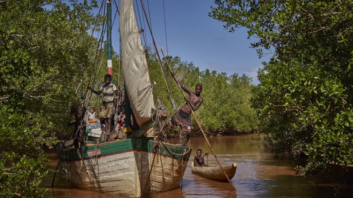 Un bateau de pêche navigue autour des mangroves dans le delta du Manambolo (Madagascar)