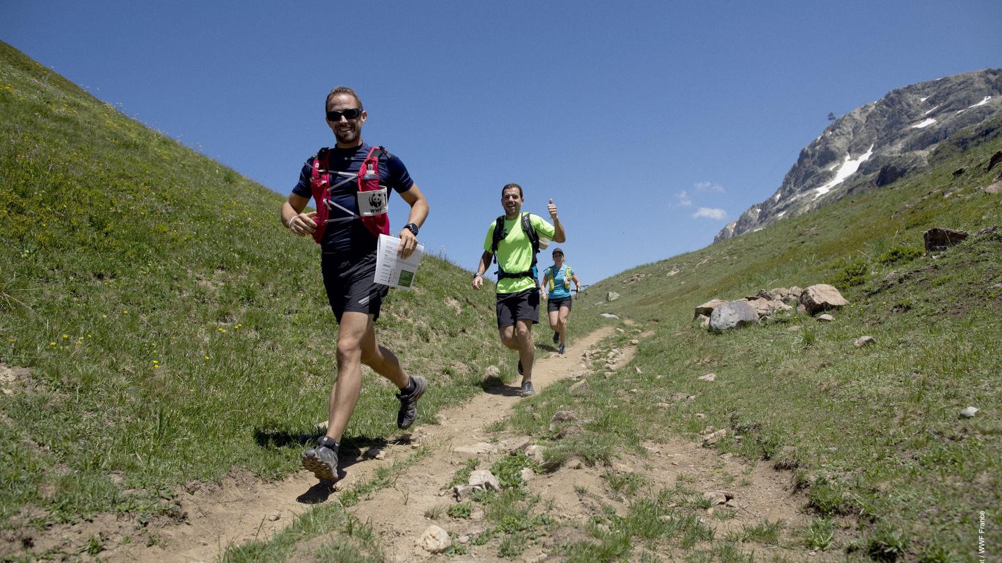 Pandathlètes en pleine course d'orientation à l'Alpe d'Huez (France)