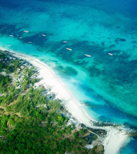 Vue aérienne de la côte de l'île Nyororo, archipel des îles Mafia, Seychelles