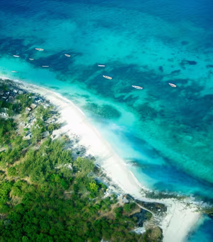 Vue aérienne de la côte de l'île Nyororo, archipel des îles Mafia, Seychelles