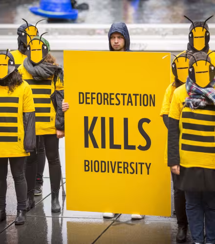 Des bénévoles du WWF France participe au Die In organisé pour la sortie des résultats du rapport IPBES 3019, Paris, France.